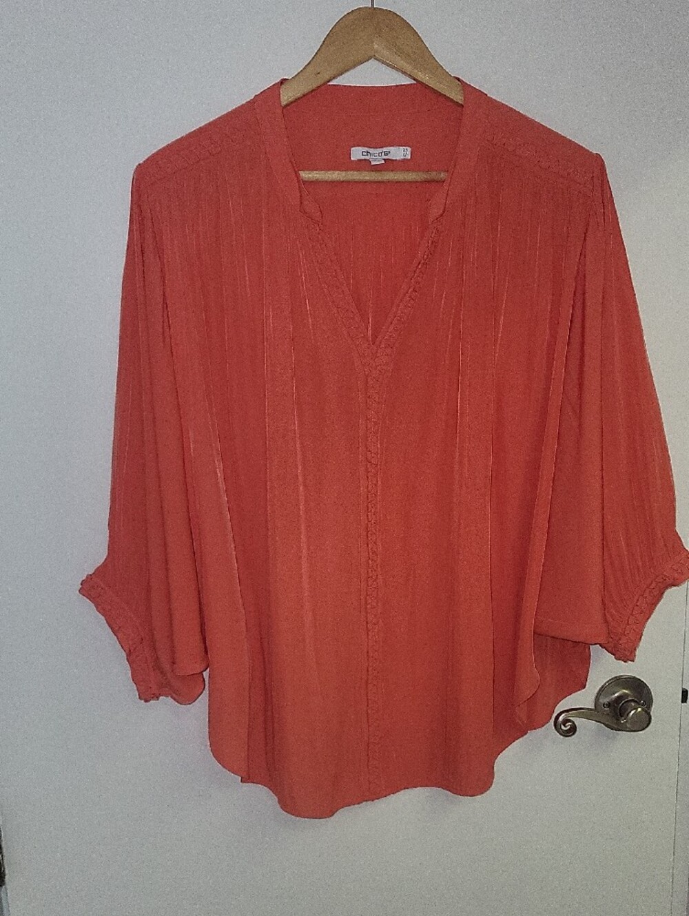 Chico's Bright Orange/Coral V-Neck Braided-Trim Top - Picture 3 of 10